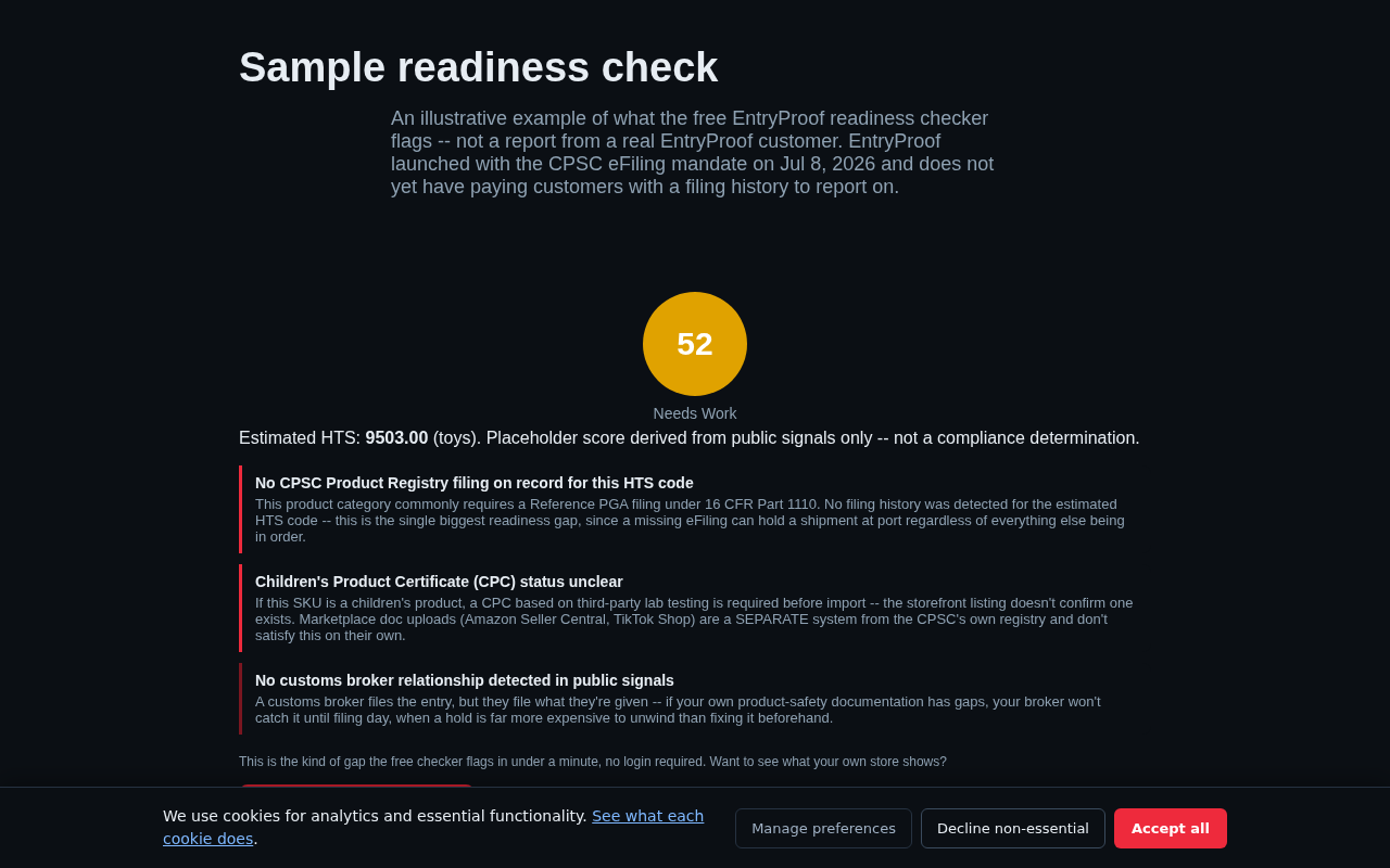EntryProof — CPSC eFiling, CPC storage, and audit-ready import compliance for FBA sellers.